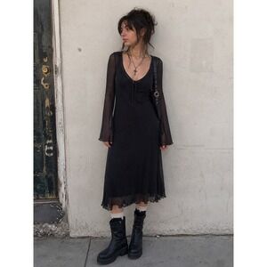 Sweet Society Black Mesh Bell Sleeve Midi Dress Tie Front Gothic Grunge Small
